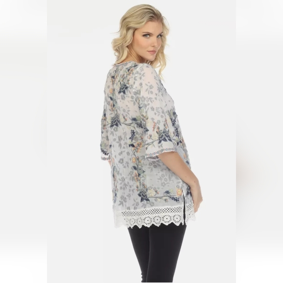 Johnny Was White Azalia Floral Embroidered 3/4 Sleeve Tunic Top Boho Chic Size L - Picture 3 of 12